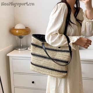 Túi đeo vai rơm mùa hè dành cho nữ sọc dệt đi biển Shopper Túi xách du lịch