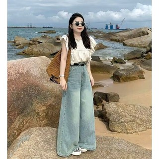 Quần jean denim giặt màu xanh cho nữ cạp cao thẳng quần ống rộng mỏng mùa hè mới nóng bỏng