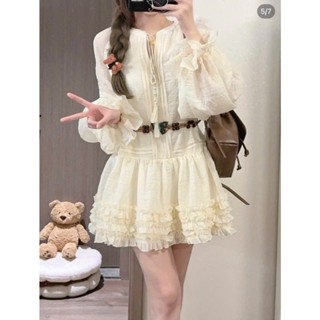 (T’achi) Đầm Babydoll vintage phối dây thổ cẩm tay dài