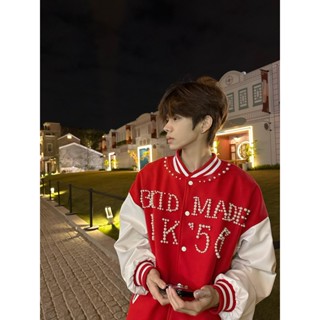  2025 Mới Mùa Xuân Người Đàn Ông Của Mỹ Retro Ngọc Trai Sọc Nối Lỏng Áo Khoác Bóng Chày 