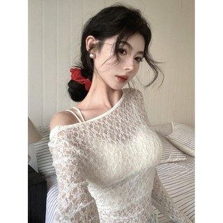 Liasynnn Hàng Có Sẵn Áo Thun Tay Dài Cổ Chữ U Phối Ren Đan Móc Xuyên Thấu Trước Sau Lưng Phong Cách Retro Cho Nữ