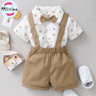 Set Đồ 2 Món Gồm Áo Thun Cổ Đứng Tay Cộc In Hình Hổ Thắt Nơ + Quần Ngắn Cho Bé Trai 0-2 Tuổi