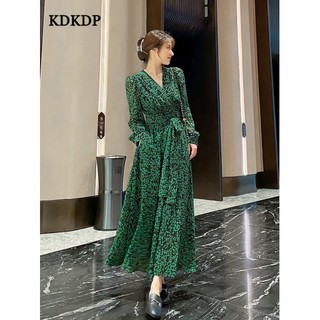 Kdkdp Váy quấn cổ chữ v kiểu Pháp in chữ xanh có tay phồng và thắt lưng, váy sành điệu 2023 xuân thu