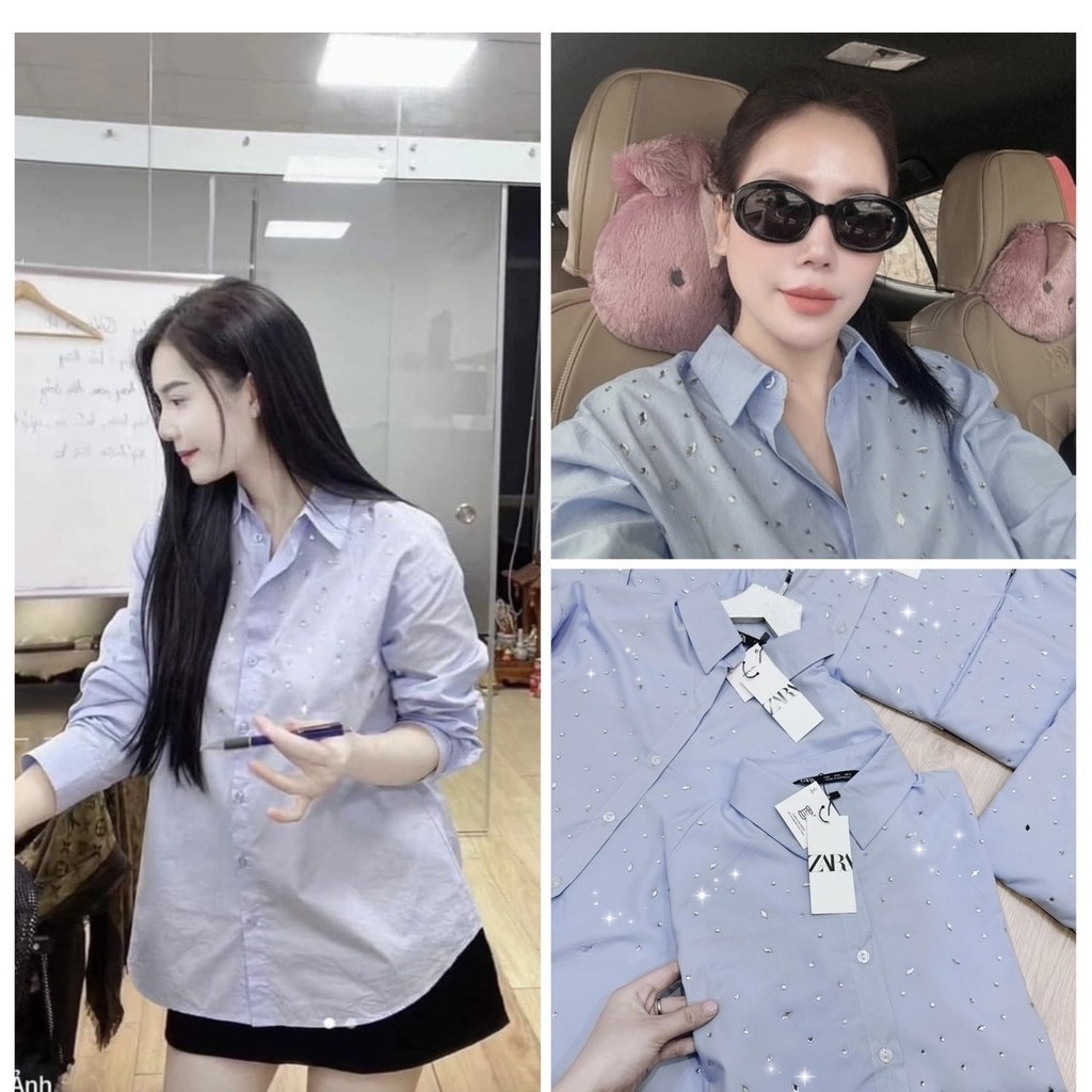 ⚡️BÁN SỈ⚡️ A063- ÁO SƠMI XANH ĐÍNH ĐÁ BASIC 💎