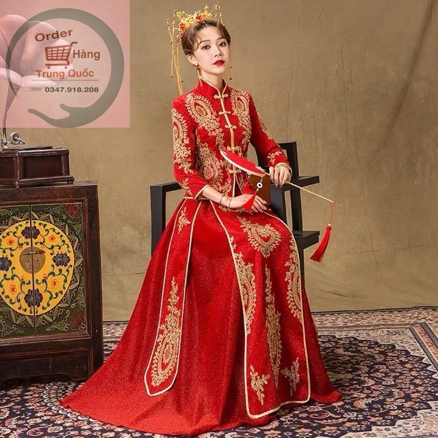 Váy cưới cô dâu Trung Hoa cổ trang cổ truyền màu đỏ hoa vàng