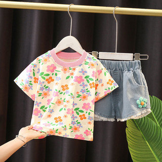 Set Bộ Áo Thun Cổ Trụ Tay Ngắn Họa Tiết Hoa Quần Đùi Jean Cho Bé Gái 1 2 3 4 5 Tuổi MINTSCLOSET Quảng Châu - GA2168