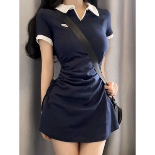 New Sweet and Spicy Salt American College Style Drawstring Dress poloShort Skirt Stretch Dress Hot Girl's Hip Skirt