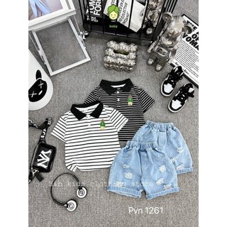 Đồ Bộ Cộc Tay Cho Bé Trai KIMCHIBABY Vải Cotton Kẻ Sọc Thêu Gấu Quần Jeans, Bộ Quần Áo Cho Bé Mặc Đi Chơi, Đi Học CK433