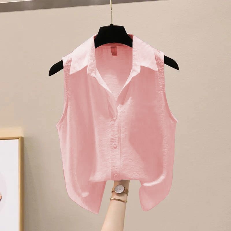 Mùa hè Phong Cách Mới Phiên Bản Hàn Quốc Đơn Giản Màu Trơn Áo Sơ Mi Voan Không Tay Thời Trang Nữ Phù Hợp Với Áo