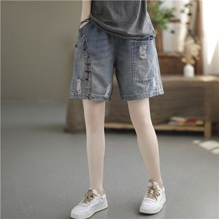 Quần Short Denim Rách Nữ Phong Cách Hàn Quốc Mới Dáng Rộng Thêu Hậu Cung Thẳng Quần Short Denim
