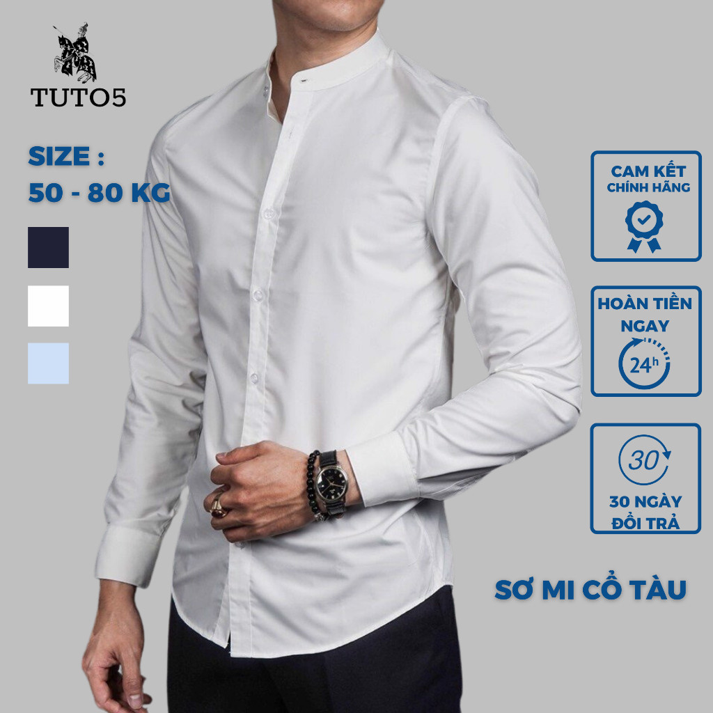 Áo sơ mi cổ tàu nam TUTO5 Menswear dài tay trơn trắng,đen form Slimfit Shirt kiểu dáng Hàn Quốc chất lụa phong cách NH01