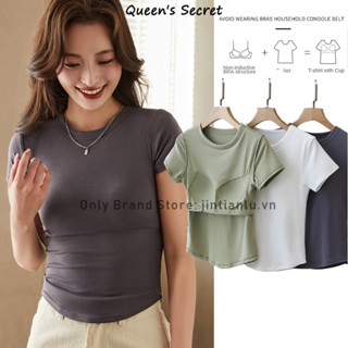 [Queen 's Secret] Áo thun ngắn tay nữ có đệm ngực áo thun thiết kế thích hợp bất đối xứng, áo crop top ngắn màu trắng đen mùa hè