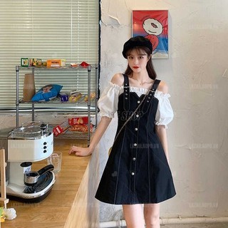 Đầm yếm Bigsize Váy nữ Giả Hai tay ngắn trễ vai che bụng mỡ ôm eo mùa hè Phong cách Hàn Quốc Thời Trang tiểu thư cá tính xinh đẹp cho người mập béo