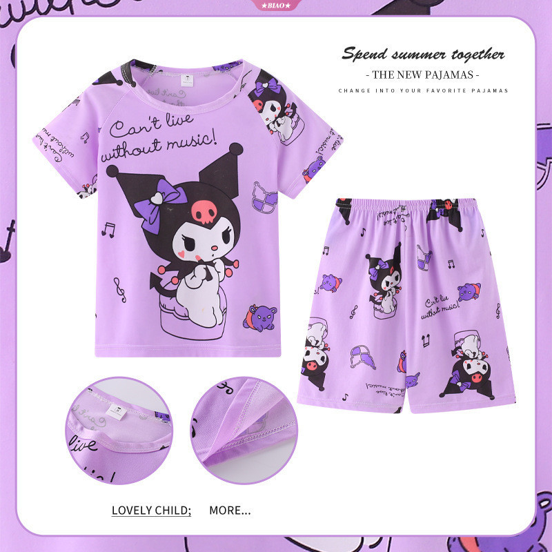 Mùa Hè Sanrio Hello Kitty Trẻ Em Bộ Đồ Ngủ Phù Hợp Với Anime Kuromi Cinnamoroll Trẻ Em Tay Ngắn Bộ Đồ Ngủ Trẻ Em Quần Áo Gia Đình