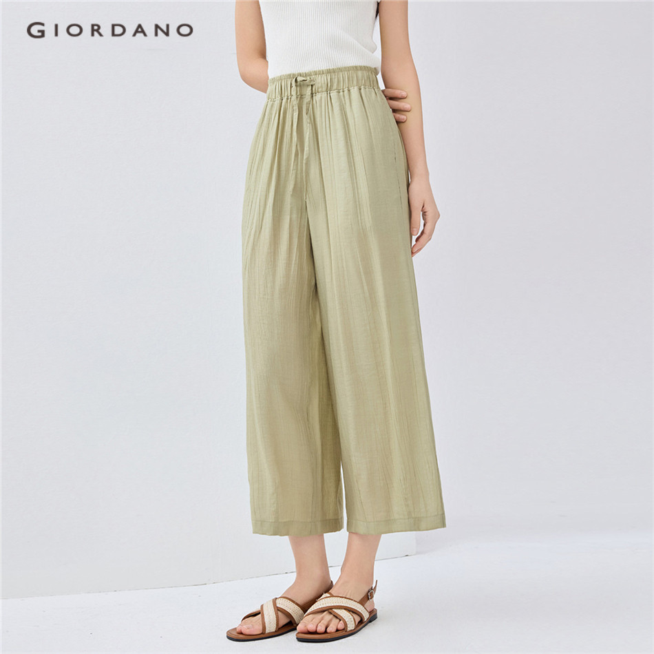 GIORDANO WOMEN 【Online Exclusive】Women's Elastic Waist Wide-Leg Woven Thin Casual Cropped Pants 0542