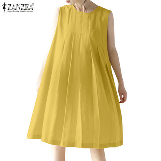 Zanzea Đầm Midi Chữ A Không Tay Cổ Tròn Xếp Ly Thời Trang Nữ Tính