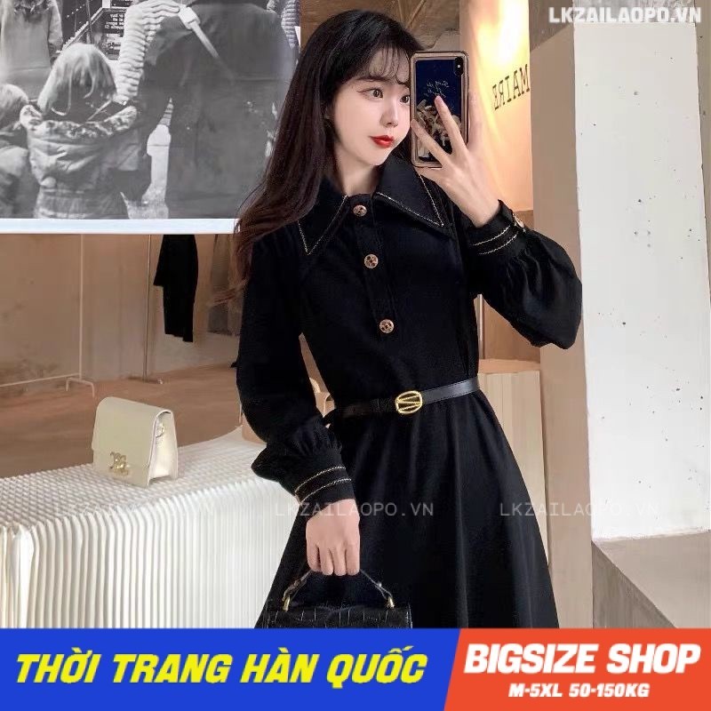 Váy đầm nữ Bigsize Đầm dự tiệc sang trọng dáng xoè tay dài có cổ che bụng mỡ ôm eo đen mùa xuân Phong cách Hàn Quốc Thời Trang đẹp