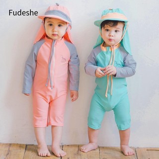Fudeshe Đồ bơi, Đồ bơi khô nhanh tay dài, Dây kéo trẻ sơ sinh có mũ Bộ đồ tắm chống nắng cho bé gái
