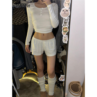Nút dài tay cotton nguyên chất ba nút quần short co giãn nữ co giãn chặt