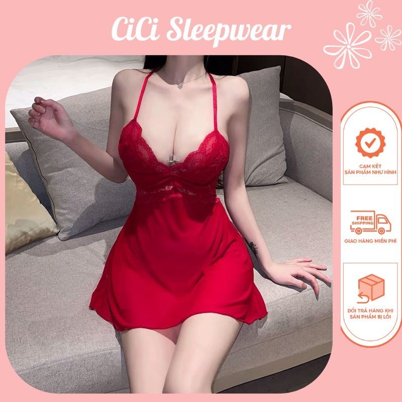 CV32 Váy ngủ voan ren cao cấp quai chữ Y 2 màu đỏ đen CICI SLEEPWEAR