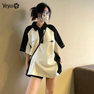 Áo thun nữ cổ polo YEYA mùa hè dáng rộng dây kéo áo thun ngắn tay dài vừa phải