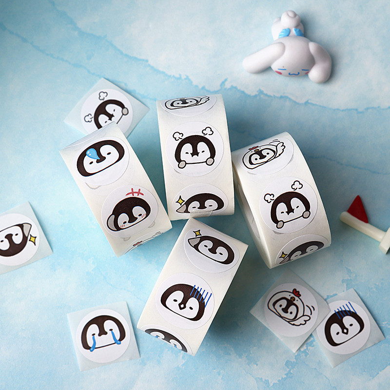 500 Cái / cuộn Hoạt Hình Dễ Thương Chim Cánh Cụt Dán Tròn Niêm Phong Miếng Dán 500 Tờ Tự Dính Nhãn T