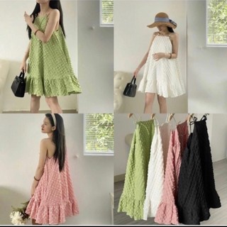 Đầm 2 dây nơ vai form rộng dáng xoè chất xốp quảng châu
