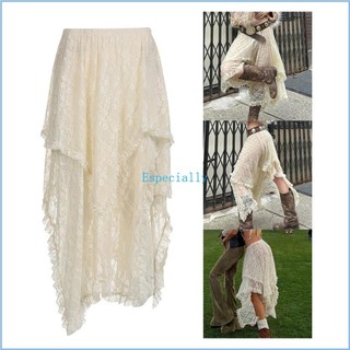 Esp nữ thẩm mỹ fairycore bất đối xứng ren hoa ruffle hem flowy midi váy