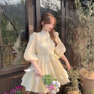 Váy Babydoll Tay Bồng Cổ Tàu Viền Bèo Chất đũi Nhăn Xếp Tầng, Đầm Nữ Xoè Tiểu Thư đi Chơi Dự Tiệc ULZZANG EYE