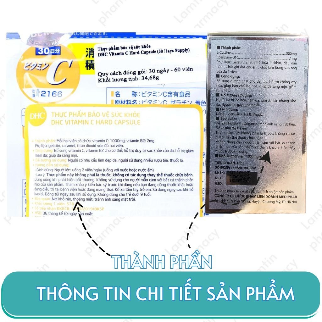 ✔(Chính Hãng) Combo trắng da Lcystine, DHC giúp đẹp da, giảm rụng tóc - Bổ sung vitamin C  ( 60 Viên )