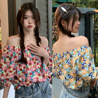 Áo Crop top nữ phong cách Hàn Quốc ngọt ngào in hoa lệch vai tay phồng dáng rộng Áo sơ mi thường ngày