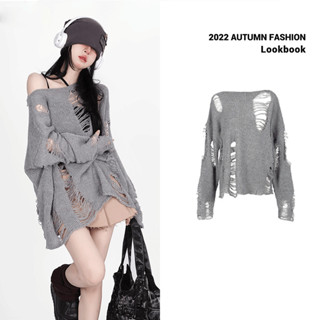 Áo khoác vai bất đối xứng Xiao Niche, bộ đồ lười thường ngày, áo len đan rộng cho phụ nữ mùa thu, áo len dài tay rách, áo len khoét hở thời trang, áo khoác lông cừu không thể thiếu PT0C