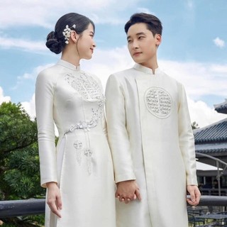 Cặp áo dài Hỷ Mai màu trắng-Áo dài cặp đôi dâu rể chữ hỷ, áo dài cưới, áo dài cô dâu