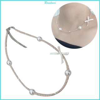 Rainl ngọc trai pha lê đính hạt choker đơn giản nơ vòng cổ xương đòn dây chuyền vòng cổ