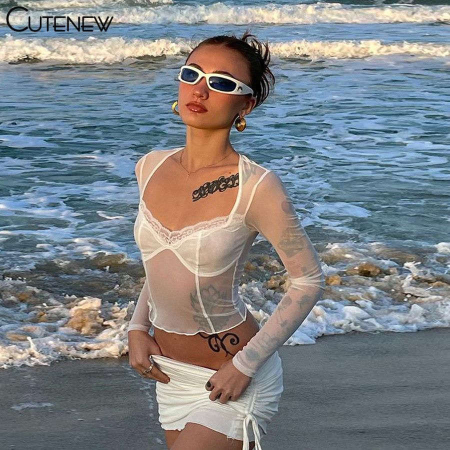 Klalien Áo Crop Top Y2K Màu Trơn Phối Ren Lưới Thời Trang Mùa Hè 2023