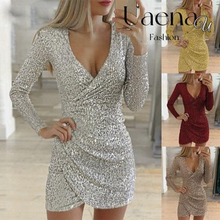 Uaenau Sequin Mini Đầm Bling Tay Dài Clubwear Đảng Váy Dạ Hội