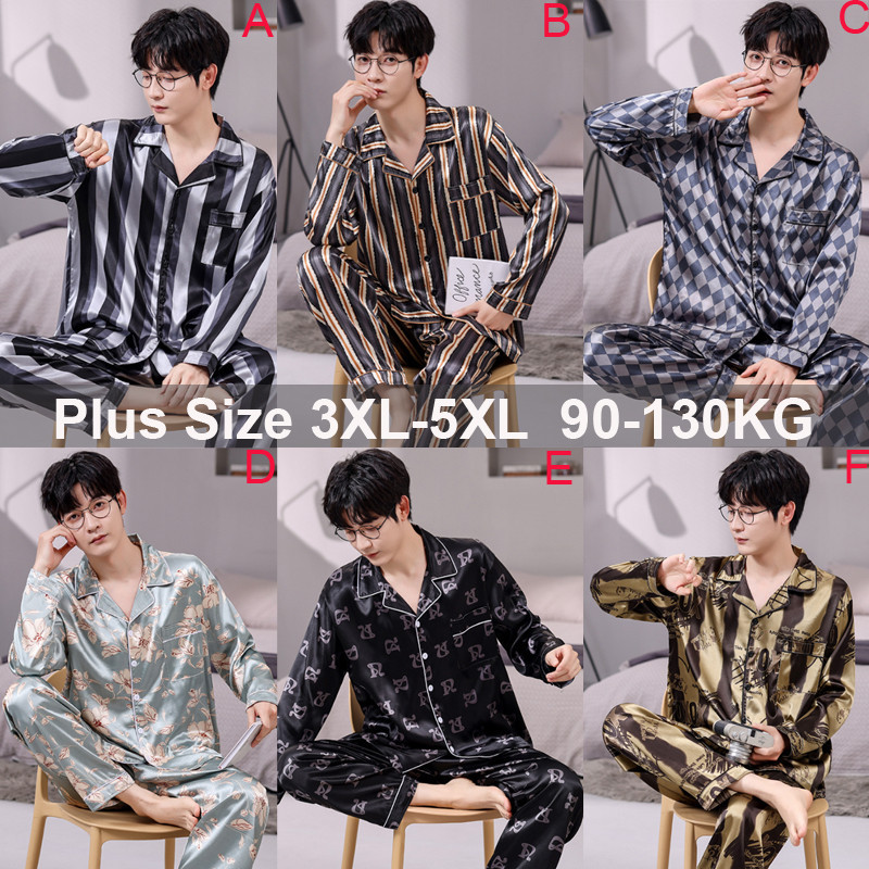 Nam Plus Size 3XL-5XL Lụa Satin Rời Bộ Đồ Ngủ Nam Dài Tay Rời Đồ Ngủ Bộ Đồ Ngủ Bộ Đồ Ngủ Váy Ngủ Hom