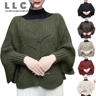 Llcy áo len cánh dơi dáng rộng màu trơn thời trang cho nữ