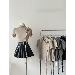 Milyfashion  Pure Desire Sexy Three-Dimensional Rose Half Turtleneck Short SleeveTWomen's Pleated Slim Fit Waist-Controlled Slimming Temperament Short Top