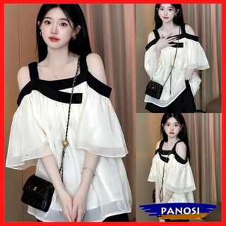 Set bộ đồ nữ áo trễ vai voan tơ phối viền và quần short cạp thun chất tafta phong cách Hàn quốc dễ thương B785 PANOSI