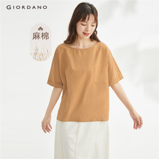 GIORDANO WOMEN Linen cotton boat neck raglan sleeve loose shirt 13343301