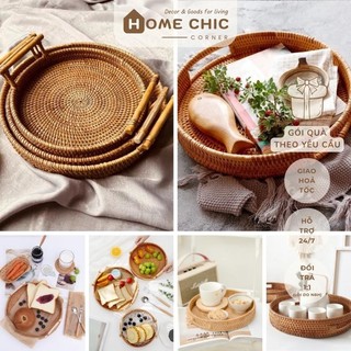 Khay mây có tay cầm decor, trang trí mây tre đan thủ công decor thức ăn | HOME CHIC CORNER