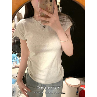 Cocorygirl Áo thun ngắn tay cổ tròn 7 màu gợi cảm dáng ôm vừa vặn quần áo nữ phía dưới