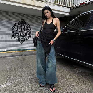 Klalien 2024 Mùa Xuân Mới Nữ Màu Trơn Slim Fit Thời Trang Đường Phố Cổ Chữ U Sling Chiều Dài Giữa Xe Tăng Top