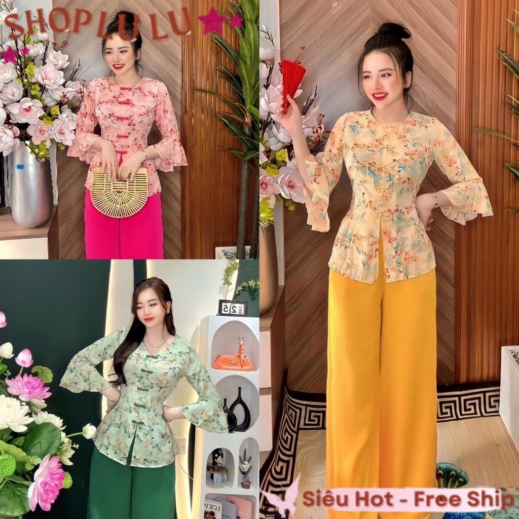 (LL) Set Đồ Bộ Bà Ba Áo Hoa Cổ Tròn Nút Bọc Tay Lỡ bèo Phối Quần Màu Ống Rộng Nữ Tính ,Dễ Thương , Đẹp Gái