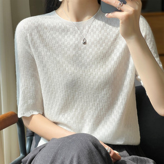 Nữ Mùa Hè Rau diếp Viền Tay Ngắn Gân Đan Áo Sơ Mi Top Nhẹ Mềm Cổ Tròn Thoáng Khí Áo Sơ Mi