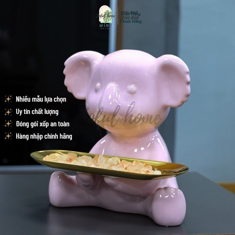 Tượng Gấu Koala bằng sứ bê khay ngang Joful home trang trí để bàn đựng đồ chìa khóa quà tặng cao 23c