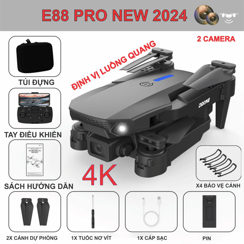 Flycam E88 PRO 2024 NEW 2CAMERA +CẢM BIỀN QUANG HỌC GIỮ VỊ TRÍ