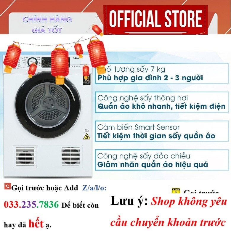|New| Máy sấy thông hơi Aqua 7 Kg AQH-V700FW 2020