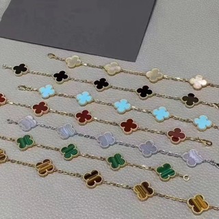 Cao Cấp Bốn Lá Cỏ Ba Lá Năm Hoa Vòng Tay Nữ S925 Hoa Hồng Vàng Onyx Trắng Fritillary Vòng Tay Quà Tặng Ngày Lễ